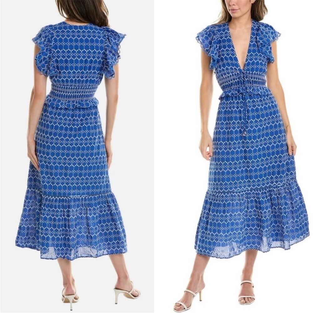 NWT O.P.T Jardin Dress Eyelet Blue V-neck Cotton Midi Ruffle Dress, size XS